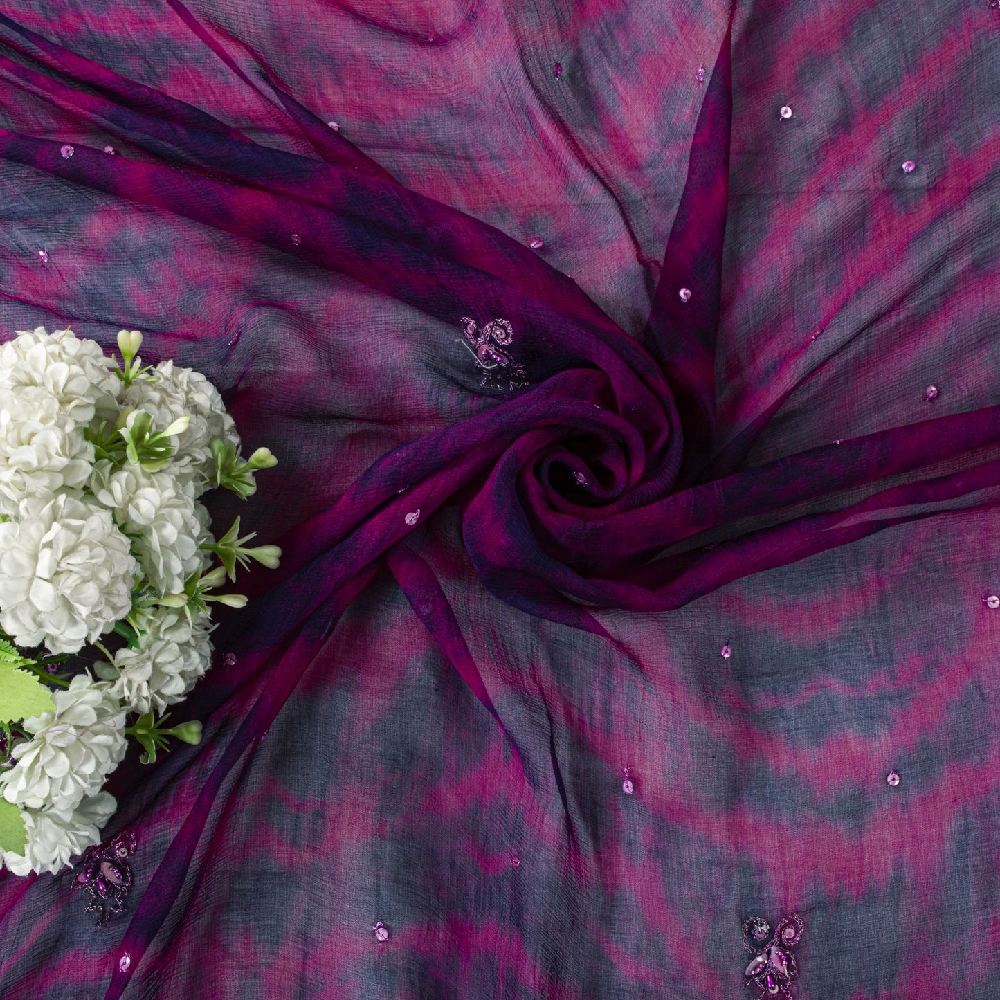 Sanskriti Vintage Dupatta/Stole Purple Pure Chiffon Silk Tie-Dye-Hand Bead Veil
