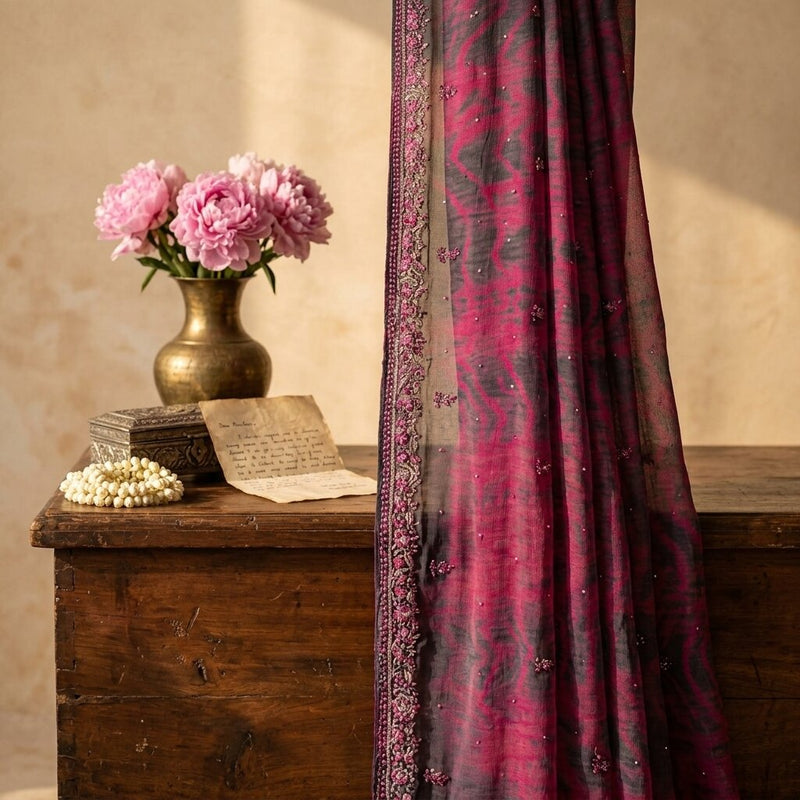 Sanskriti Vintage Dupatta/Stole Purple Pure Chiffon Silk Tie-Dye-Hand Bead Veil