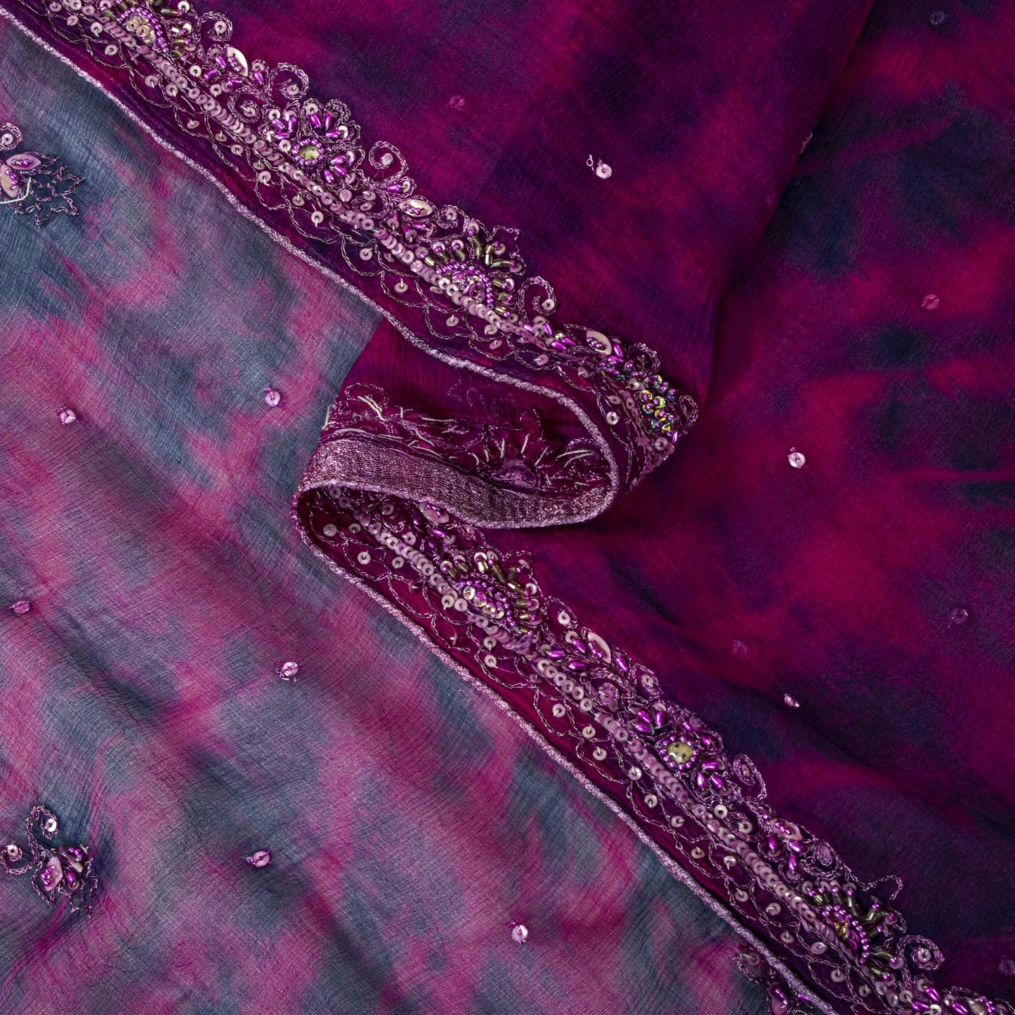 Sanskriti Vintage Dupatta/Stole Purple Pure Chiffon Silk Tie-Dye-Hand Bead Veil