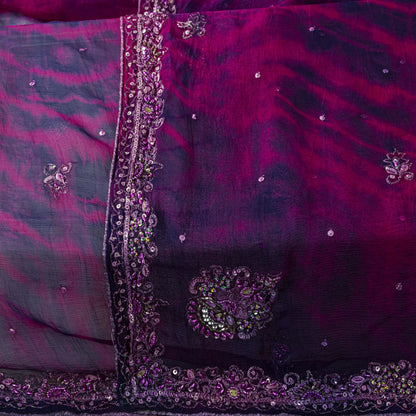 Sanskriti Vintage Dupatta/Stole Purple Pure Chiffon Silk Tie-Dye-Hand Bead Veil