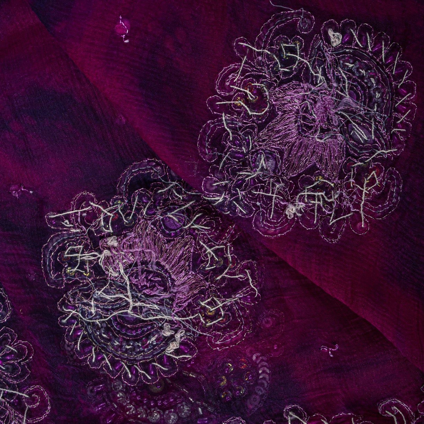 Sanskriti Vintage Dupatta/Stole Purple Pure Chiffon Silk Tie-Dye-Hand Bead Veil