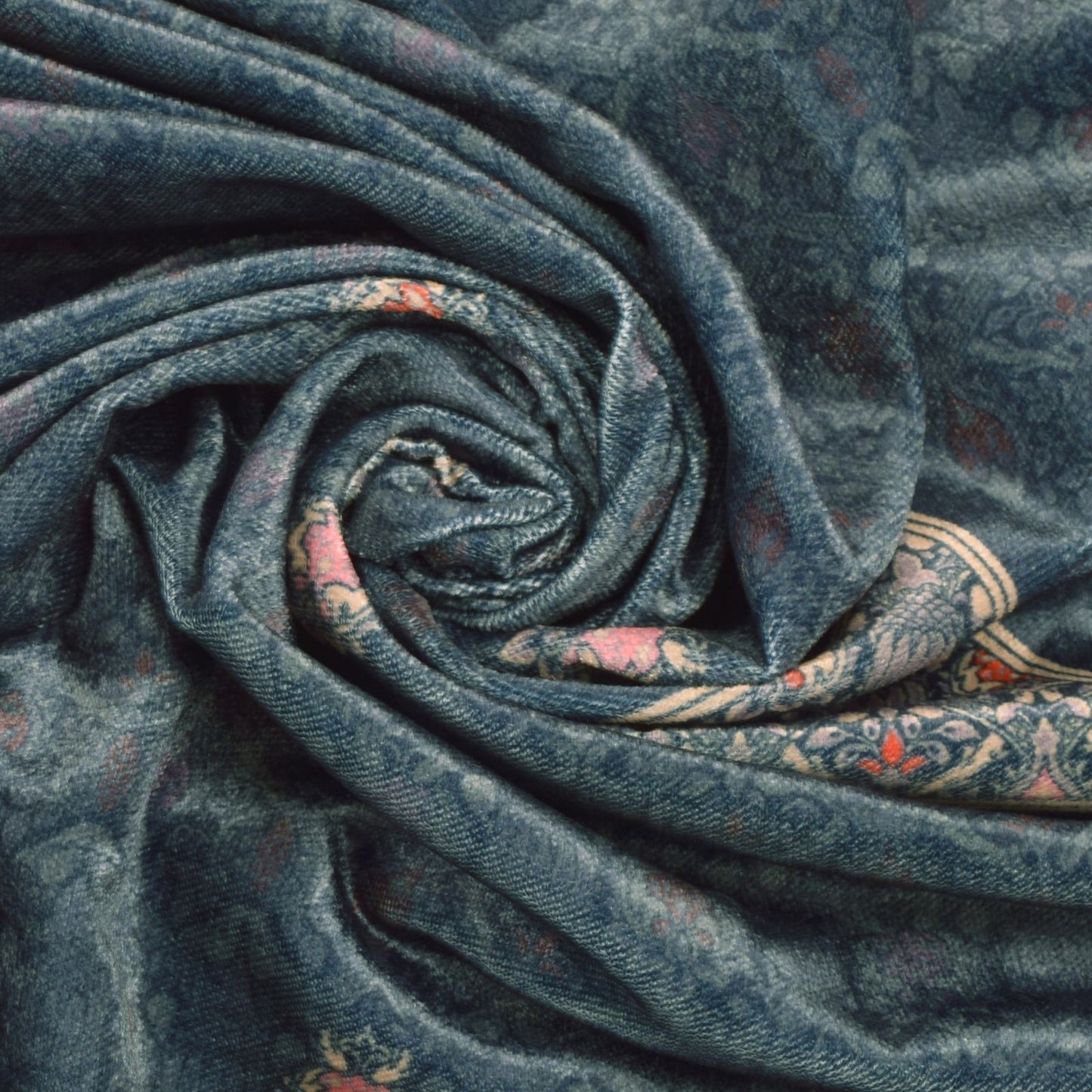 Sanskriti Vintage Blue Soft Velvet Dupatta Stole Floral Digital Print Scarf Veil
