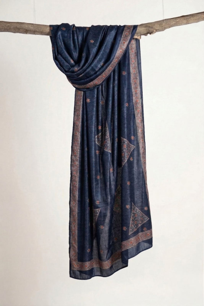 Sanskriti Vintage Blue Soft Velvet Dupatta Stole Floral Digital Print Scarf Veil