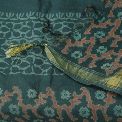 Sanskriti Vintage Blue Chanderi Dupatta Stole Bagru Hand Block Print Zari Woven