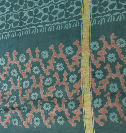 Sanskriti Vintage Blue Chanderi Dupatta Stole Bagru Hand Block Print Zari Woven