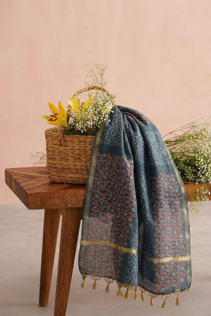 Sanskriti Vintage Blue Chanderi Dupatta Stole Bagru Hand Block Print Zari Woven