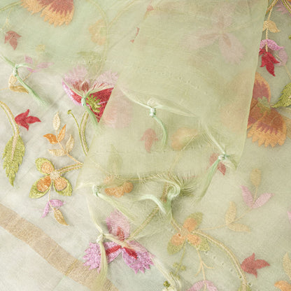 Sanskriti Vintage Green Organza Dupatta Stole Embroidered Floral Wrap Neck Veil