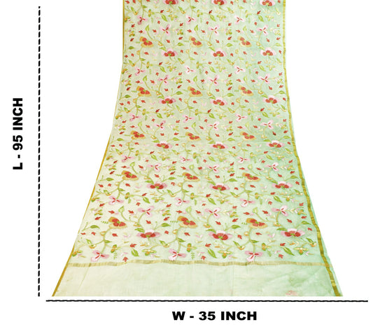 Sanskriti Vintage Green Organza Dupatta Stole Embroidered Floral Wrap Neck Veil