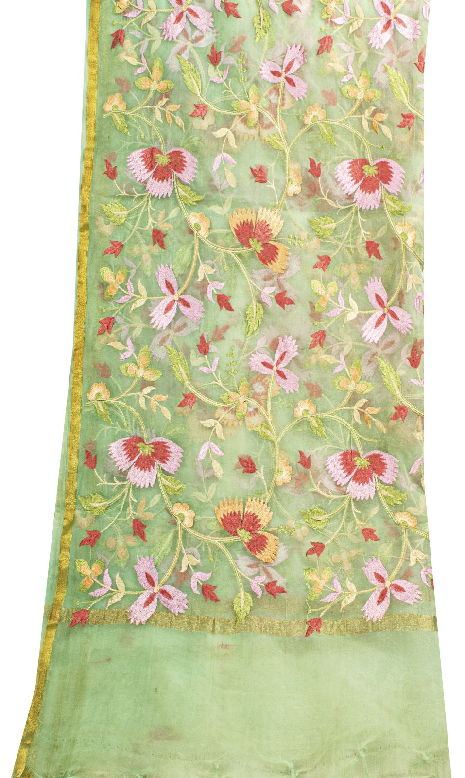 Sanskriti Vintage Green Organza Dupatta Stole Embroidered Floral Wrap Neck Veil