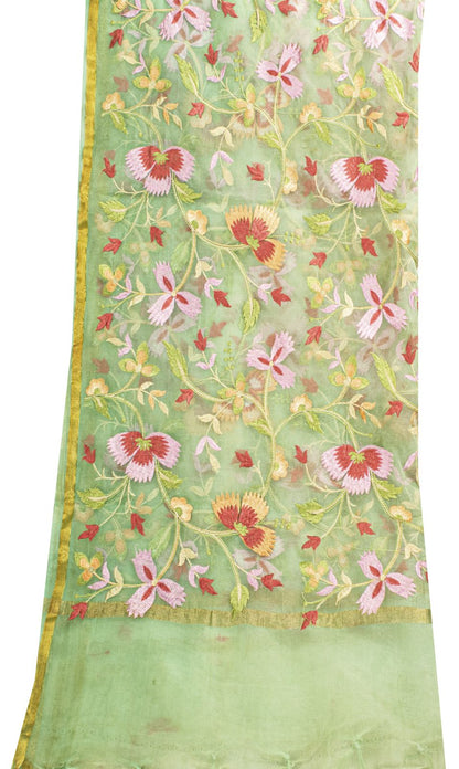 Sanskriti Vintage Green Organza Dupatta Stole Embroidered Floral Wrap Neck Veil