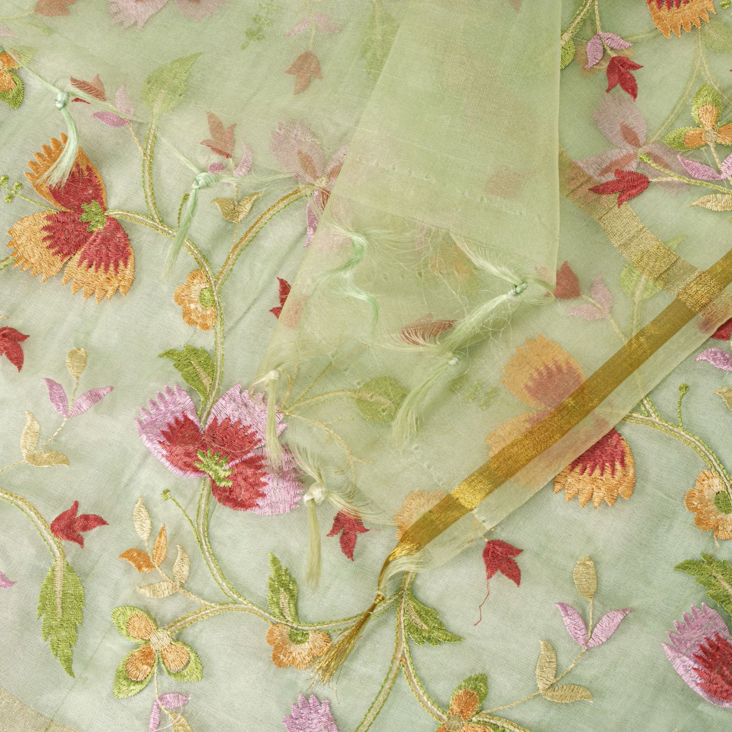 Sanskriti Vintage Green Organza Dupatta Stole Embroidered Floral Wrap Neck Veil