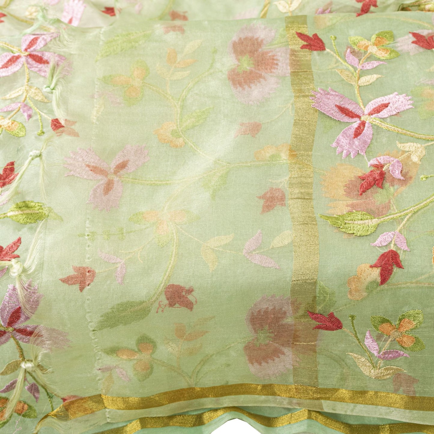 Sanskriti Vintage Green Organza Dupatta Stole Embroidered Floral Wrap Neck Veil