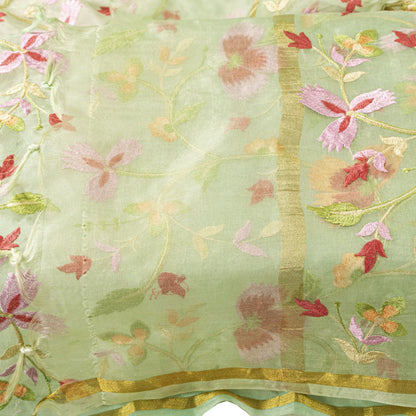 Sanskriti Vintage Green Organza Dupatta Stole Embroidered Floral Wrap Neck Veil