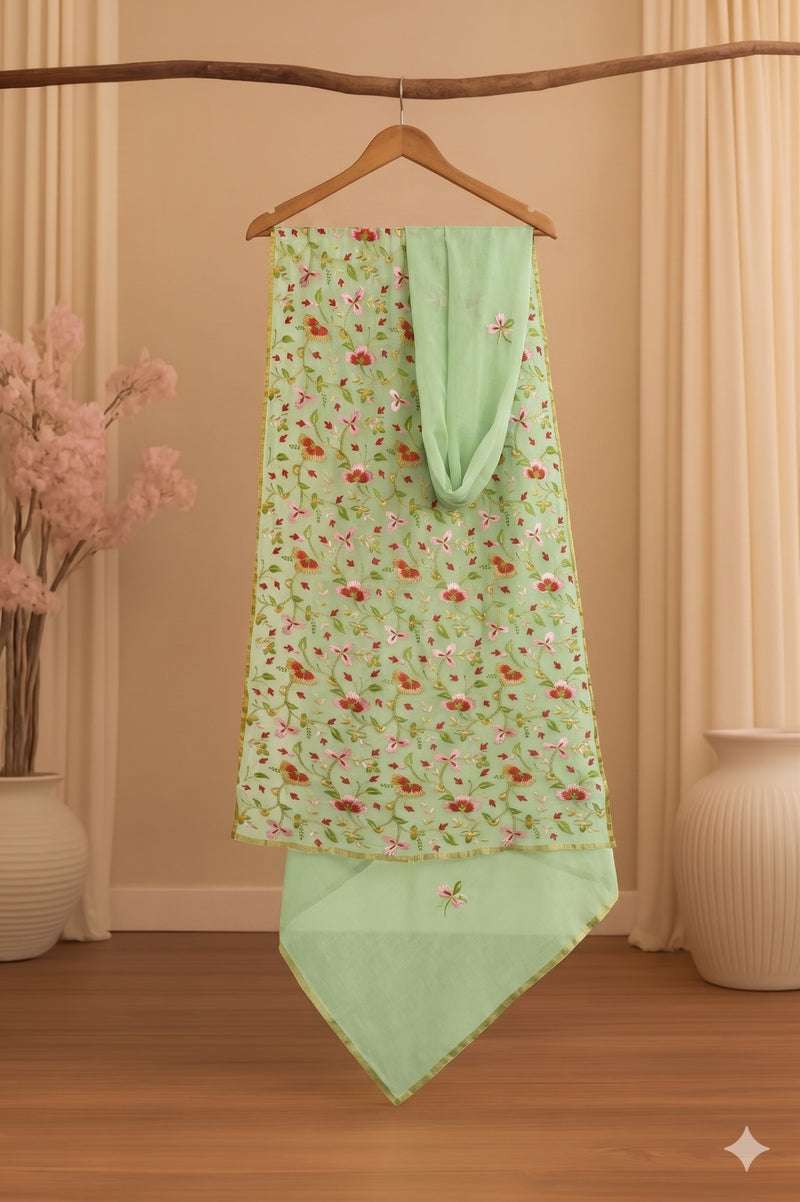 Sanskriti Vintage Green Organza Dupatta Stole Embroidered Floral Wrap Neck Veil