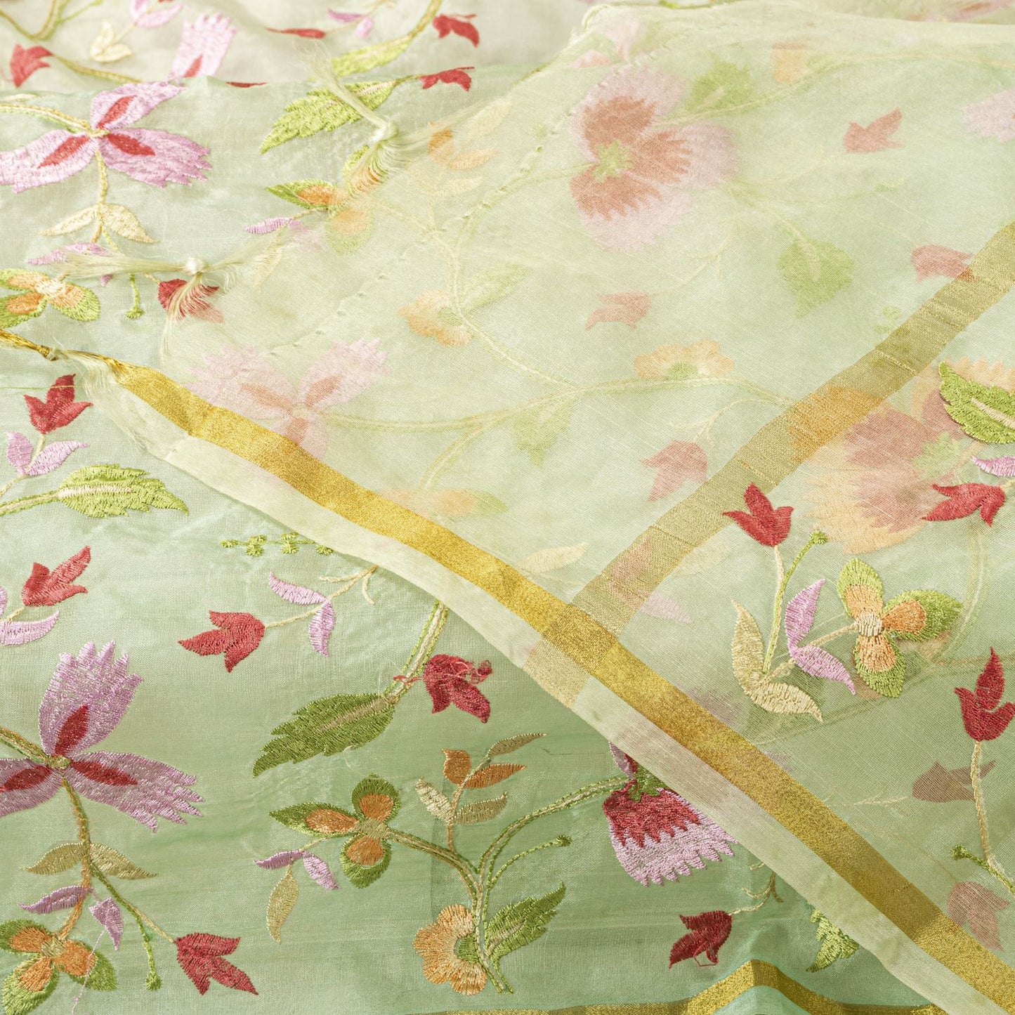 Sanskriti Vintage Green Organza Dupatta Stole Embroidered Floral Wrap Neck Veil