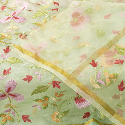 Sanskriti Vintage Green Organza Dupatta Stole Embroidered Floral Wrap Neck Veil