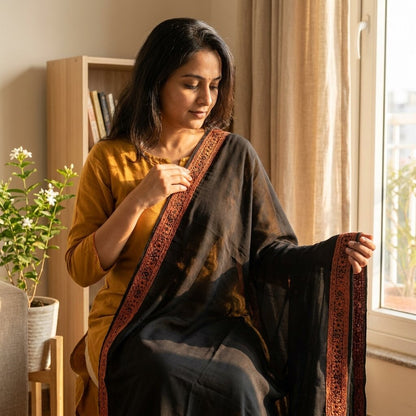 Sanskriti Vintage Black Hand Bead Dupatta Stole Pure Silk Traditional Wrap Veil