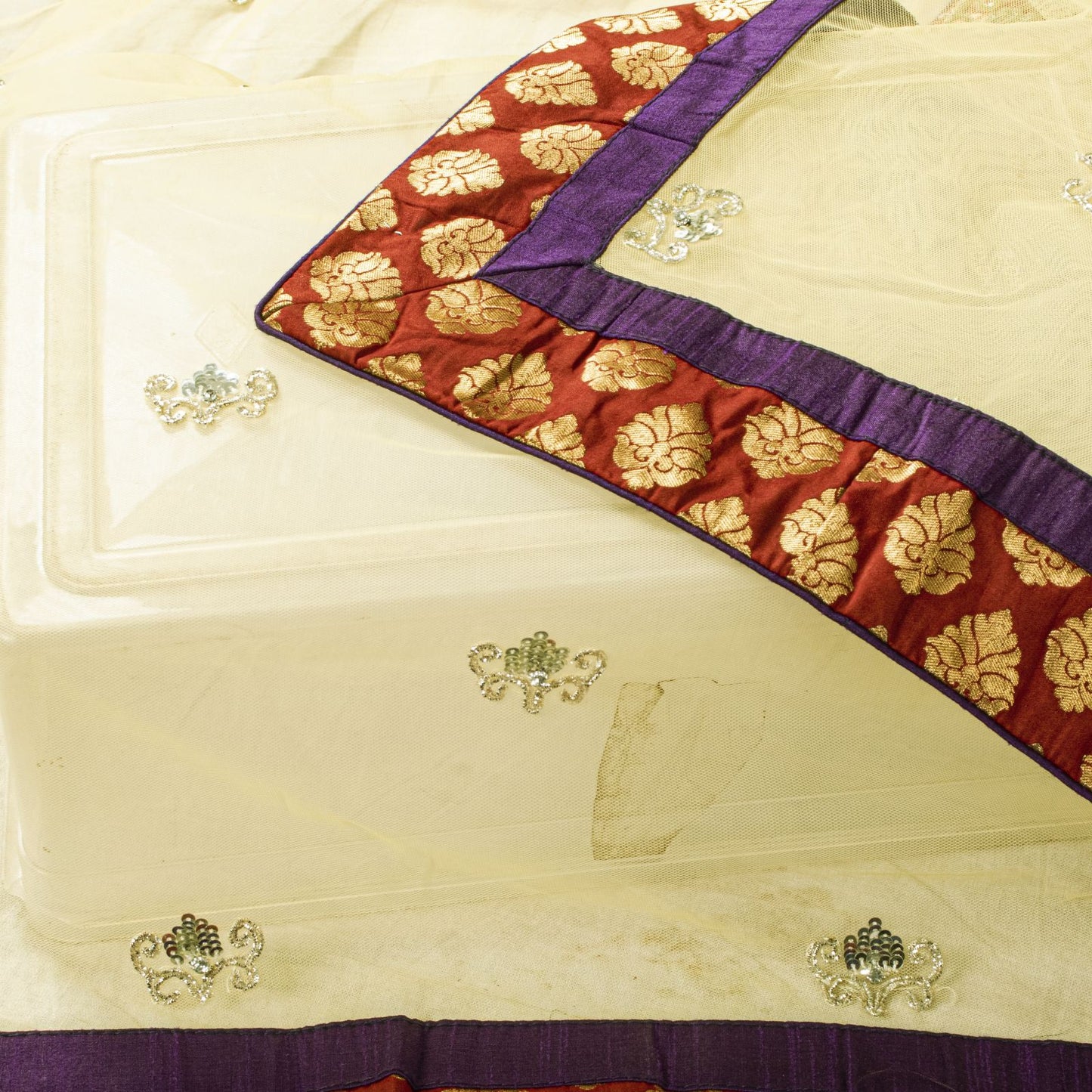 Sanskriti Vintage Yellow Net Dupatta Stole Hand Embroidered Dabka-Lace Work Veil