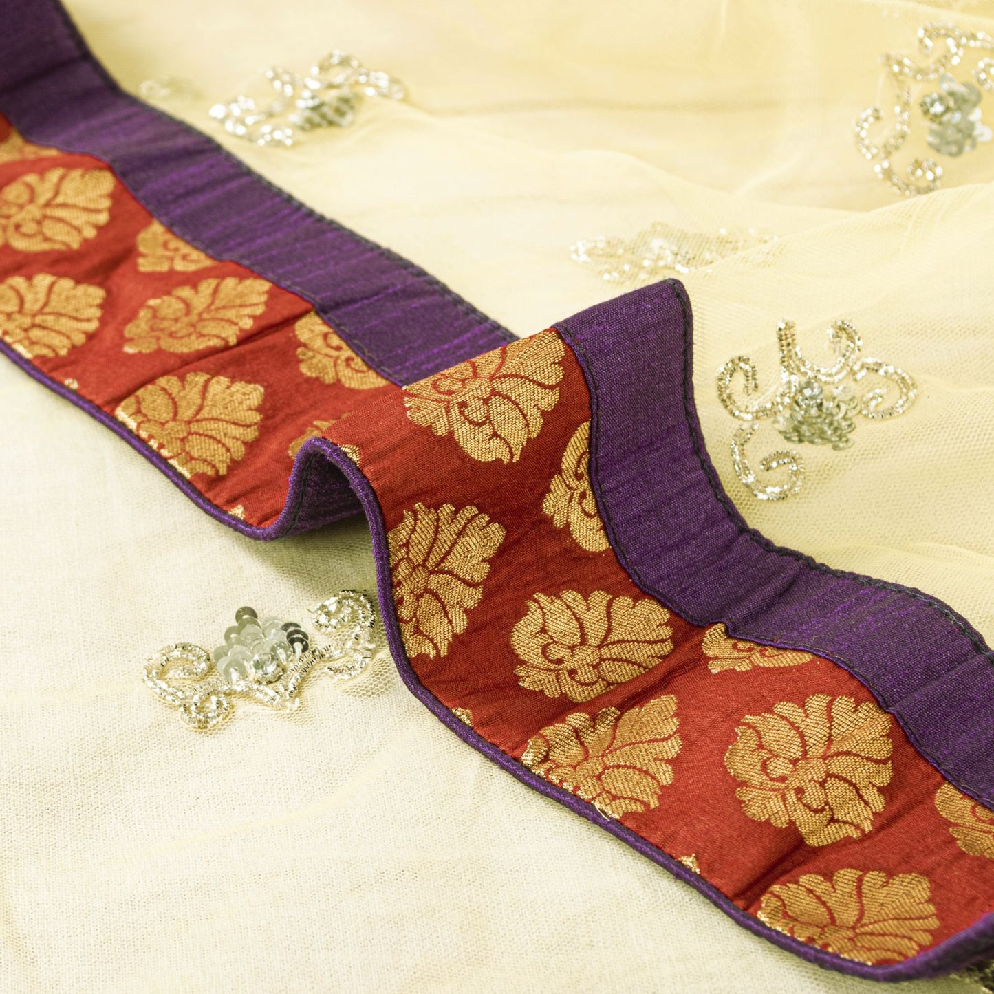 Sanskriti Vintage Yellow Net Dupatta Stole Hand Embroidered Dabka-Lace Work Veil