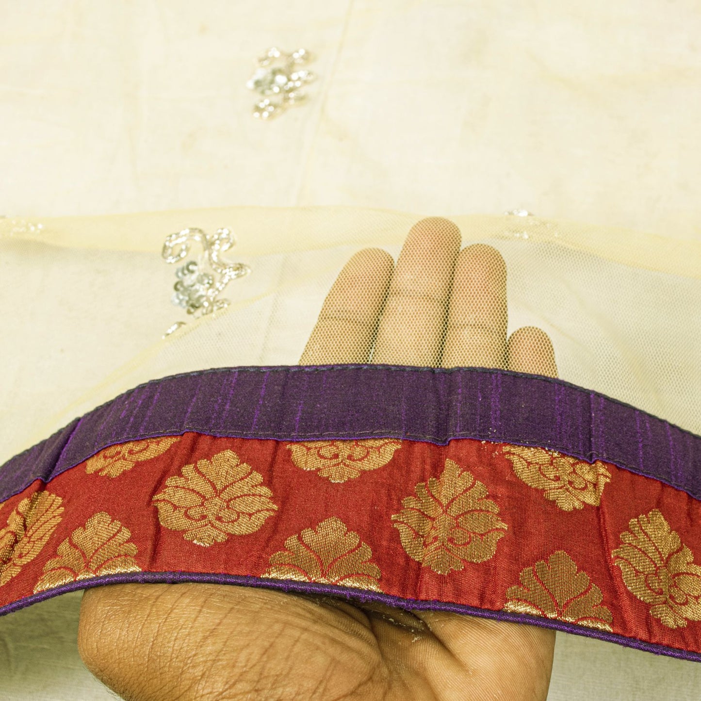 Sanskriti Vintage Yellow Net Dupatta Stole Hand Embroidered Dabka-Lace Work Veil