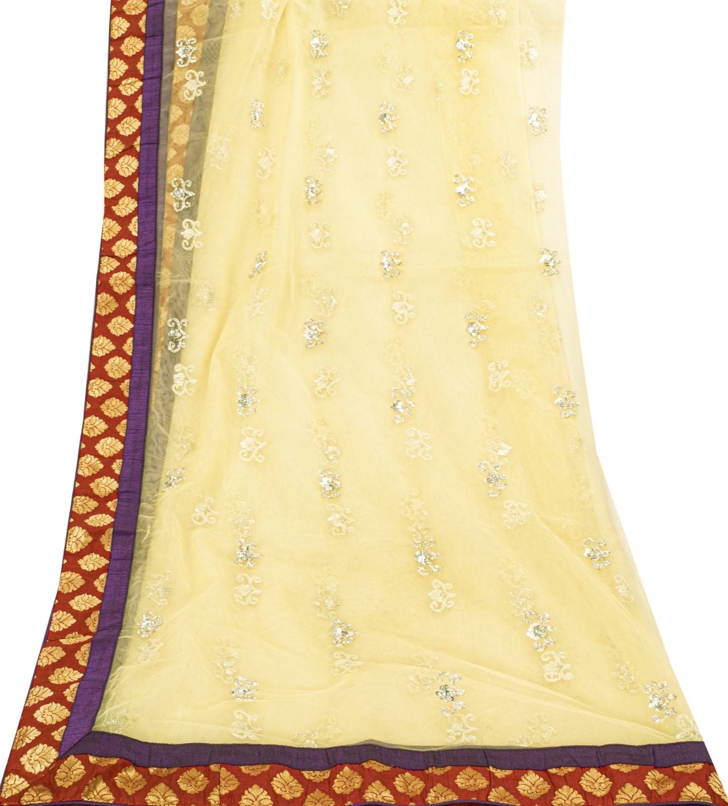 Sanskriti Vintage Yellow Net Dupatta Stole Hand Embroidered Dabka-Lace Work Veil