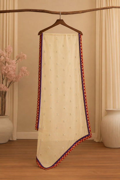Sanskriti Vintage Yellow Net Dupatta Stole Hand Embroidered Dabka-Lace Work Veil