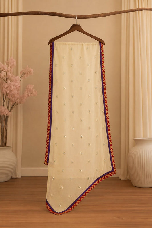 Sanskriti Vintage Yellow Net Dupatta Stole Hand Embroidered Dabka-Lace Work Veil