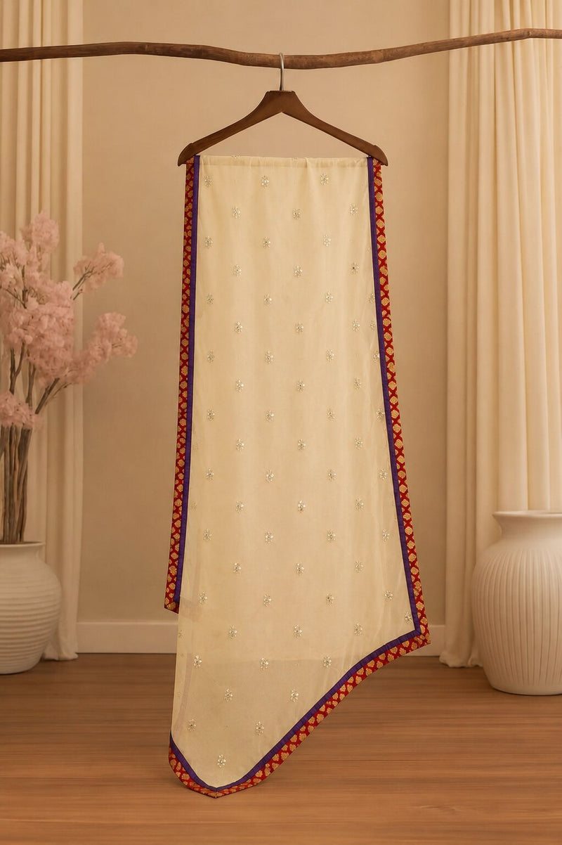 Sanskriti Vintage Yellow Net Dupatta Stole Hand Embroidered Dabka-Lace Work Veil
