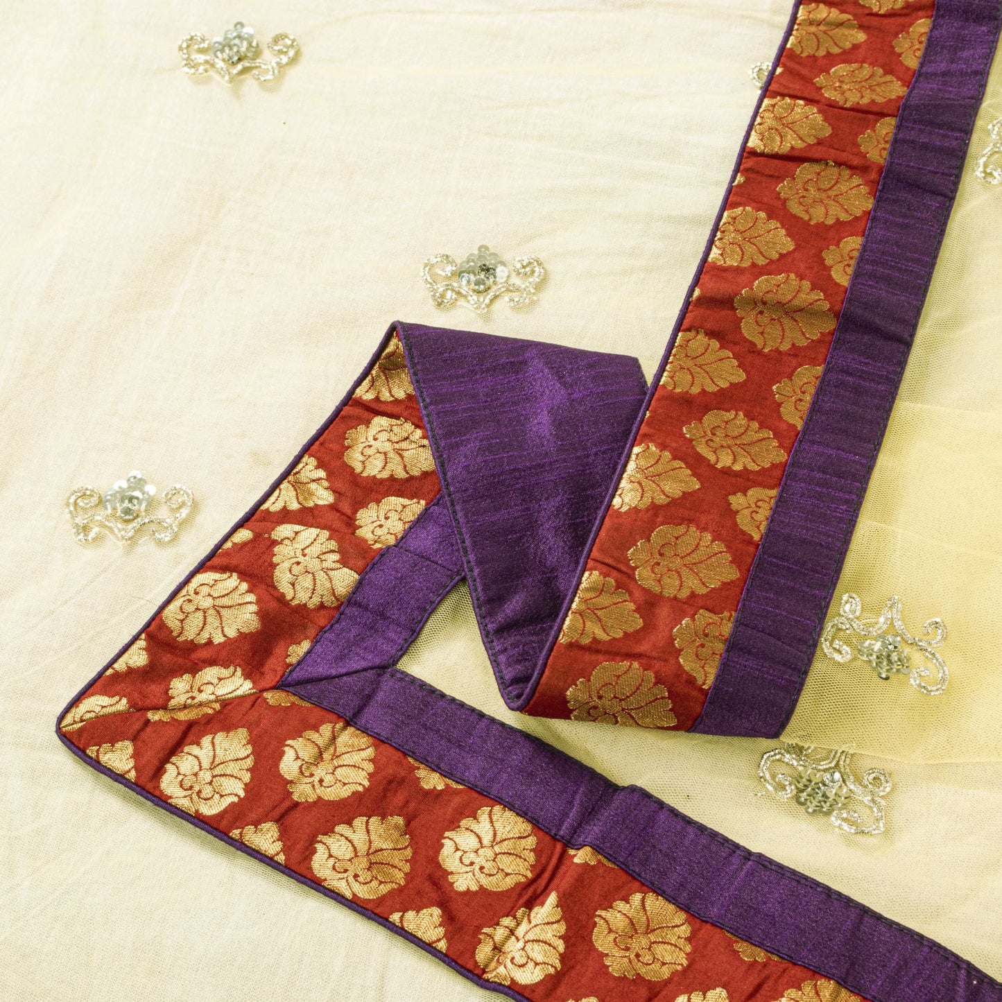 Sanskriti Vintage Yellow Net Dupatta Stole Hand Embroidered Dabka-Lace Work Veil