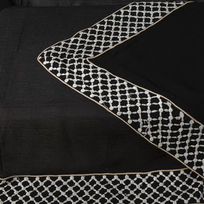 Sanskriti Vintage Soft Black Pure Chiffon Dupatta Stole Solid-Embroidered Patch