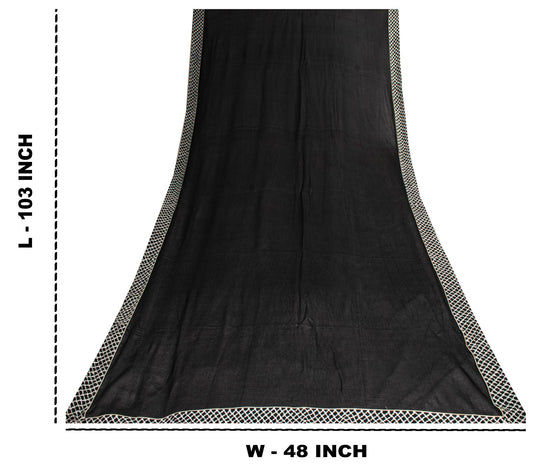 Sanskriti Vintage Soft Black Pure Chiffon Dupatta Stole Solid-Embroidered Patch