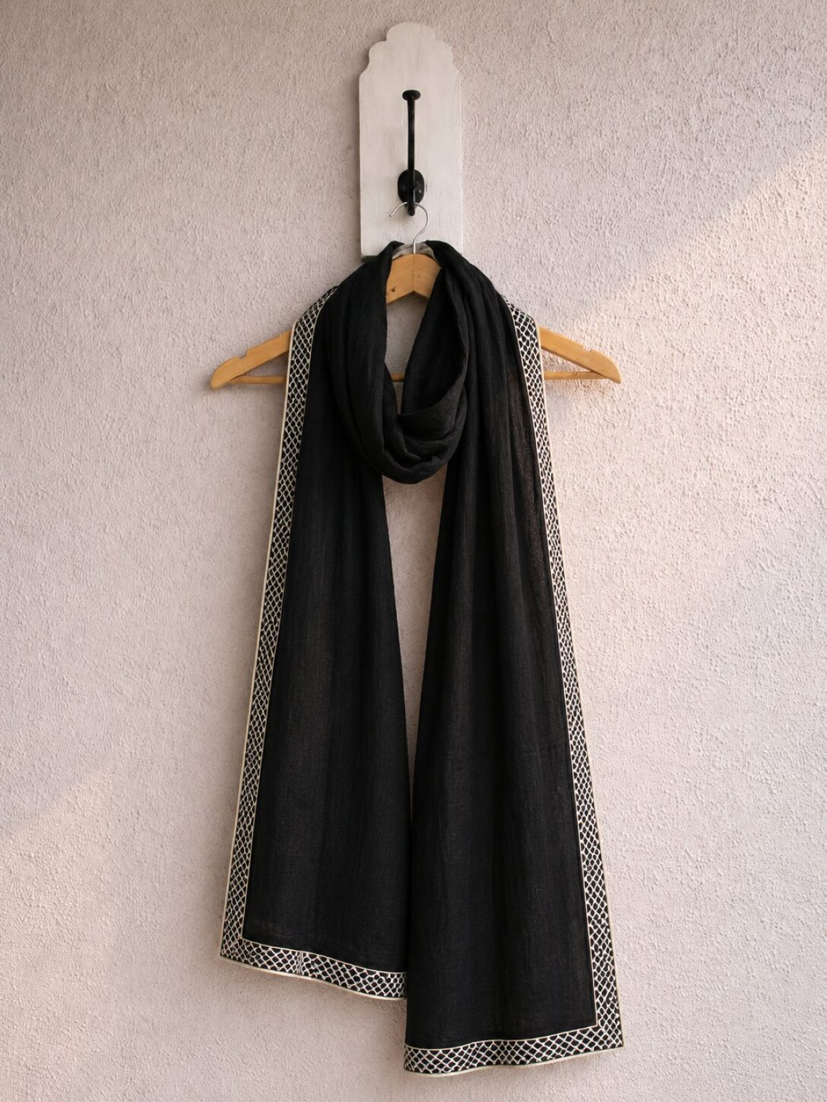 Sanskriti Vintage Soft Black Pure Chiffon Dupatta Stole Solid-Embroidered Patch