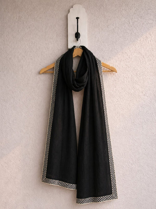 Sanskriti Vintage Soft Black Pure Chiffon Dupatta Stole Solid-Embroidered Patch