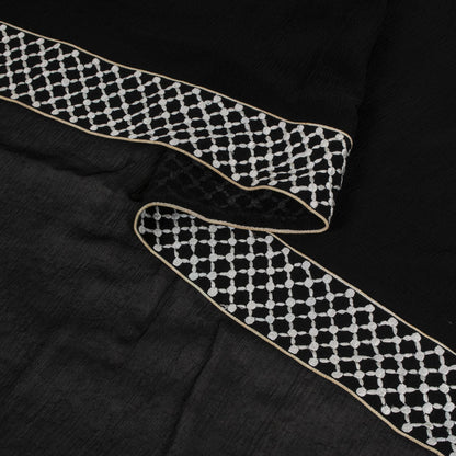 Sanskriti Vintage Soft Black Pure Chiffon Dupatta Stole Solid-Embroidered Patch