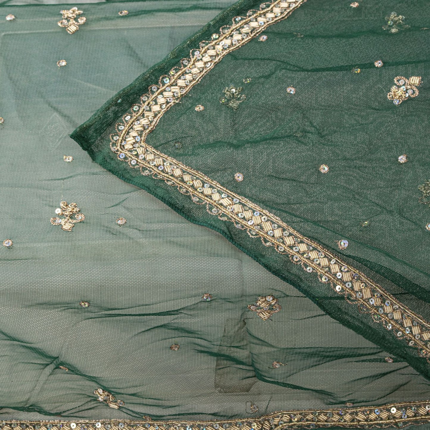 Sanskriti Vintage Green Net Dupatta Stole Hand Embroidered Zardozi Dabka Veil