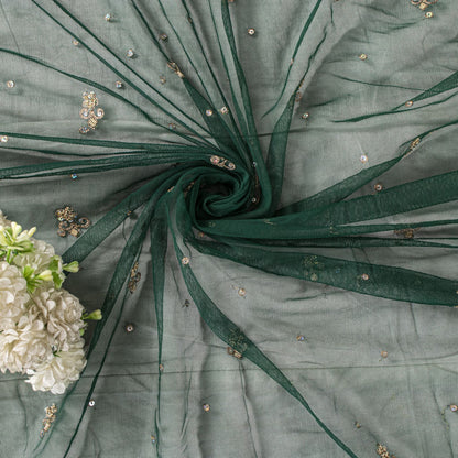 Sanskriti Vintage Green Net Dupatta Stole Hand Embroidered Zardozi Dabka Veil