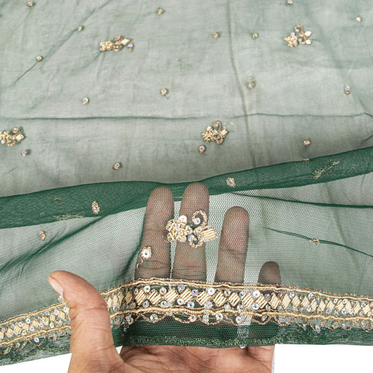 Sanskriti Vintage Green Net Dupatta Stole Hand Embroidered Zardozi Dabka Veil