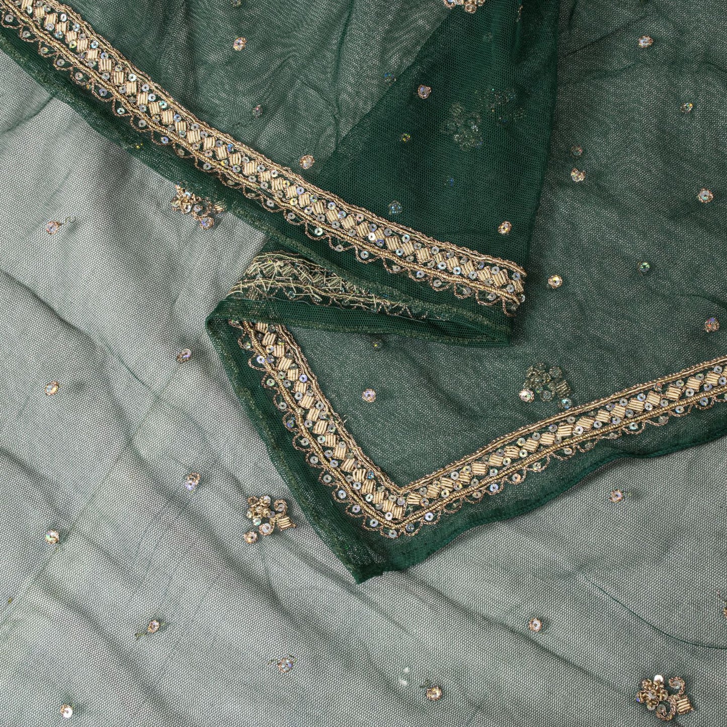Sanskriti Vintage Green Net Dupatta Stole Hand Embroidered Zardozi Dabka Veil