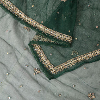 Sanskriti Vintage Green Net Dupatta Stole Hand Embroidered Zardozi Dabka Veil