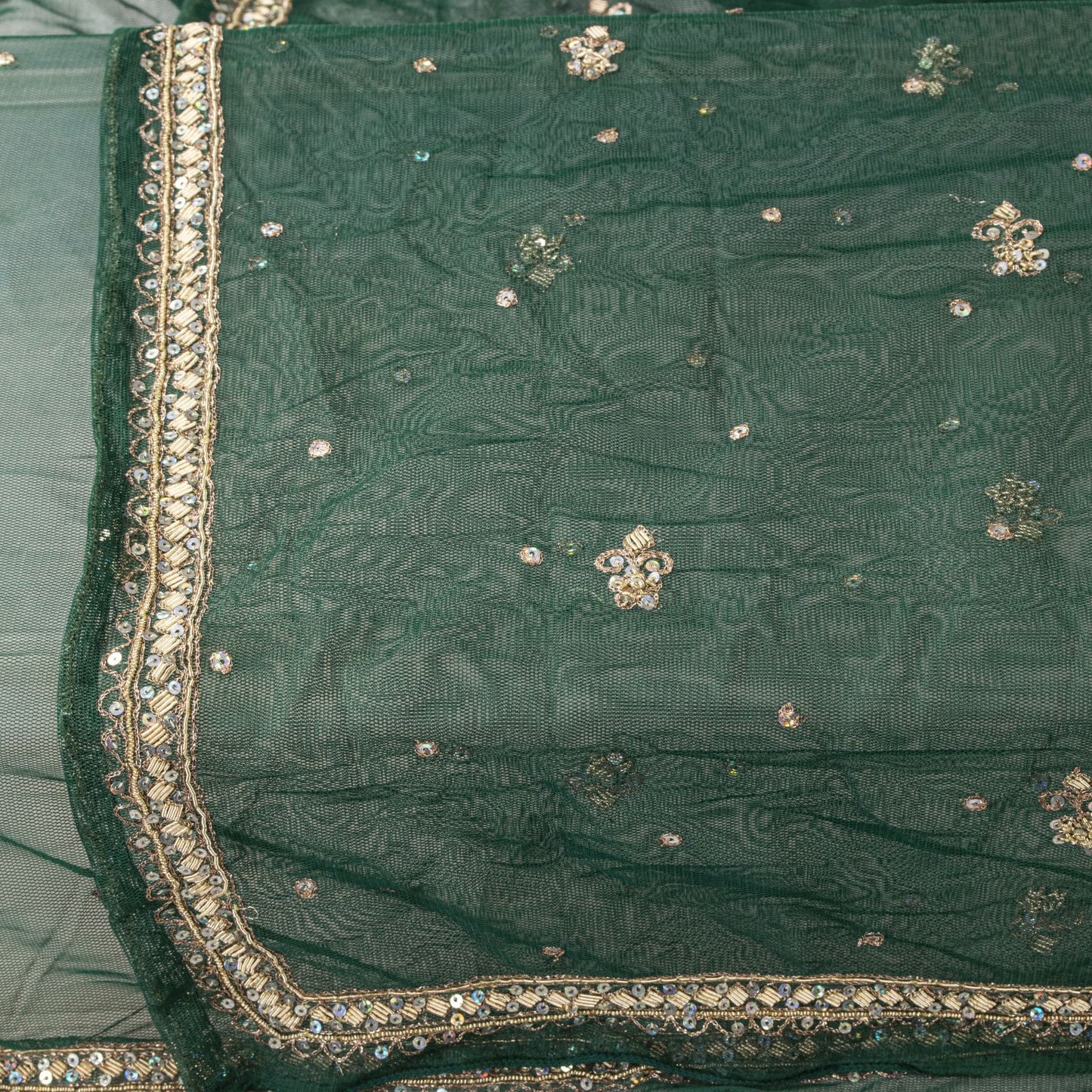 Sanskriti Vintage Green Net Dupatta Stole Hand Embroidered Zardozi Dabka Veil