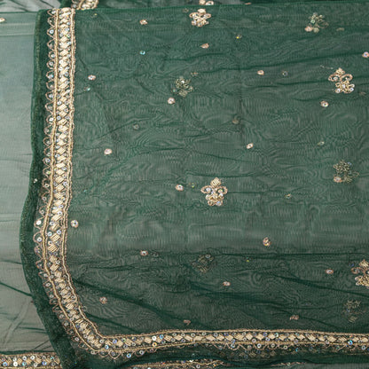 Sanskriti Vintage Green Net Dupatta Stole Hand Embroidered Zardozi Dabka Veil