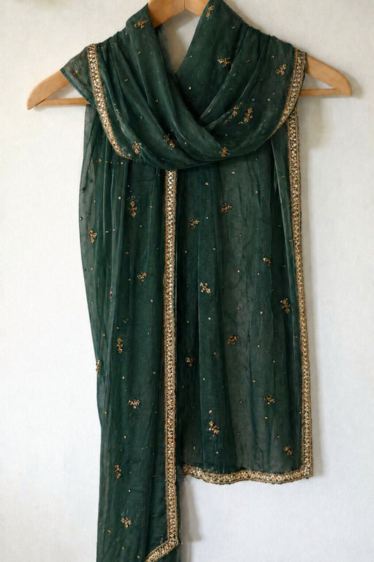 Sanskriti Vintage Green Net Dupatta Stole Hand Embroidered Zardozi Dabka Veil