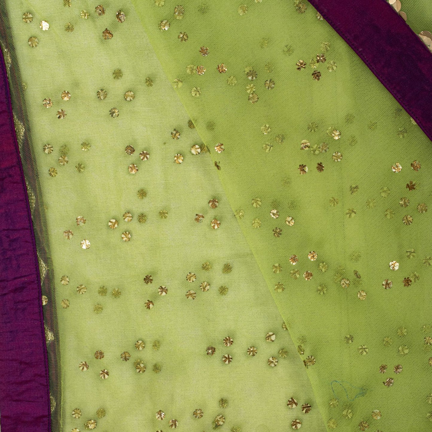 Sanskriti Vintage Net Mesh Green Dupatta Stole Embroidered Sequins Veil Fabric