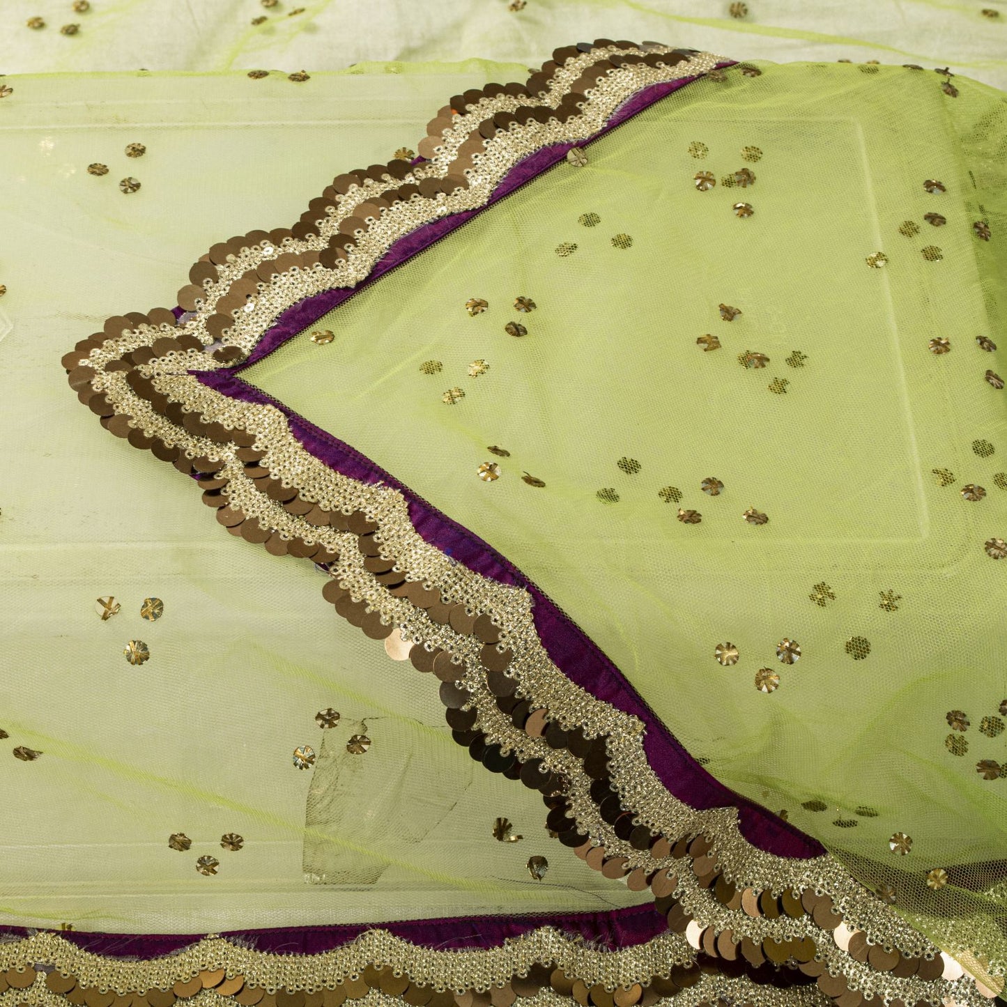 Sanskriti Vintage Net Mesh Green Dupatta Stole Embroidered Sequins Veil Fabric