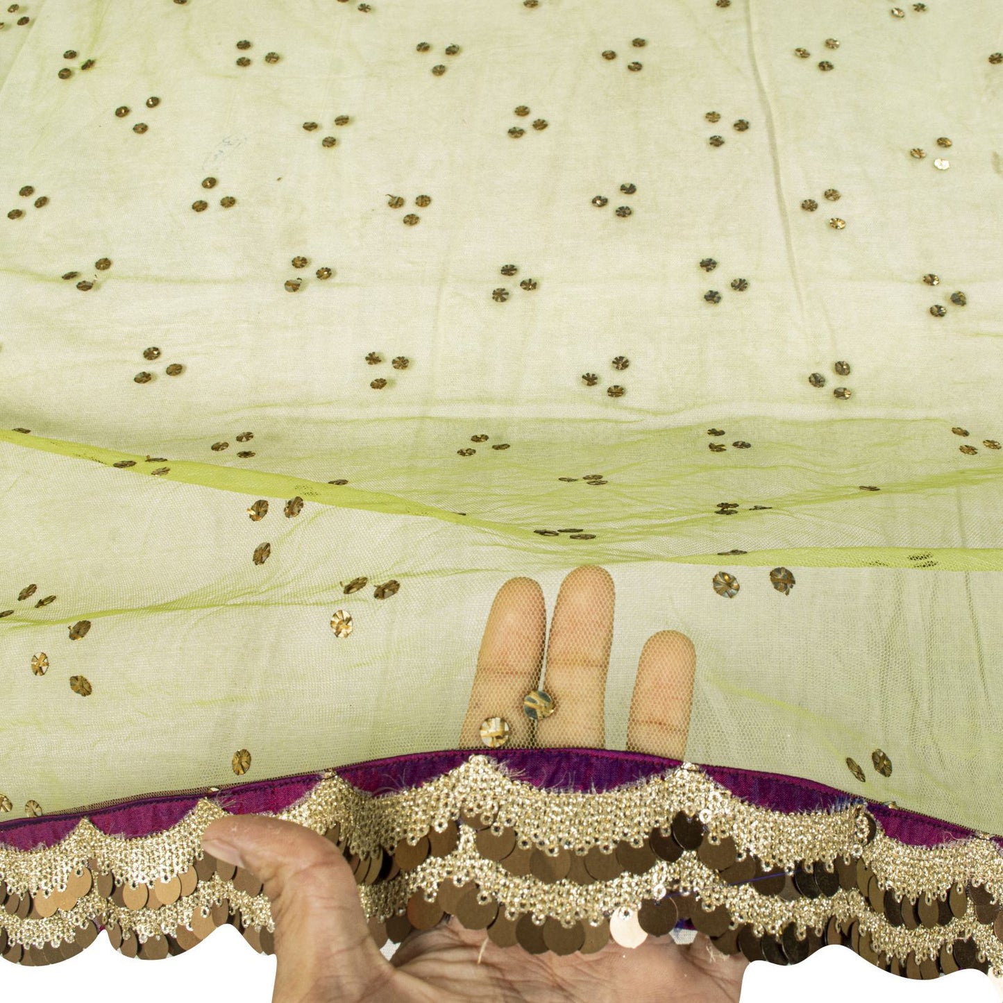 Sanskriti Vintage Net Mesh Green Dupatta Stole Embroidered Sequins Veil Fabric
