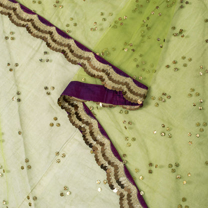 Sanskriti Vintage Net Mesh Green Dupatta Stole Embroidered Sequins Veil Fabric