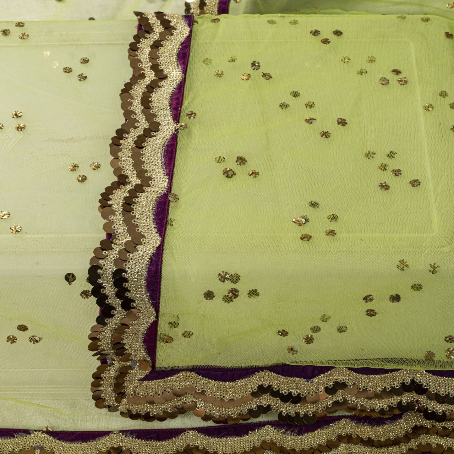 Sanskriti Vintage Net Mesh Green Dupatta Stole Embroidered Sequins Veil Fabric