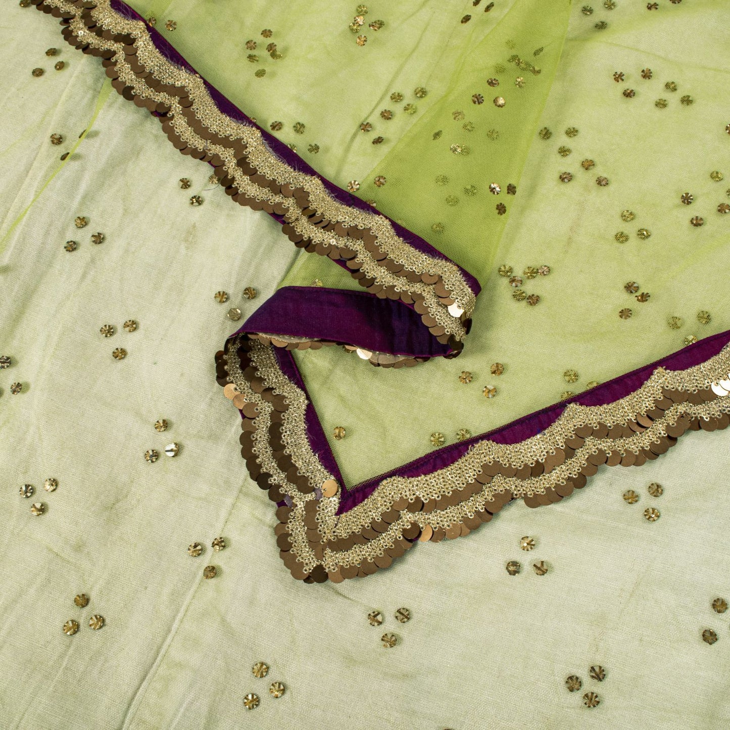 Sanskriti Vintage Net Mesh Green Dupatta Stole Embroidered Sequins Veil Fabric