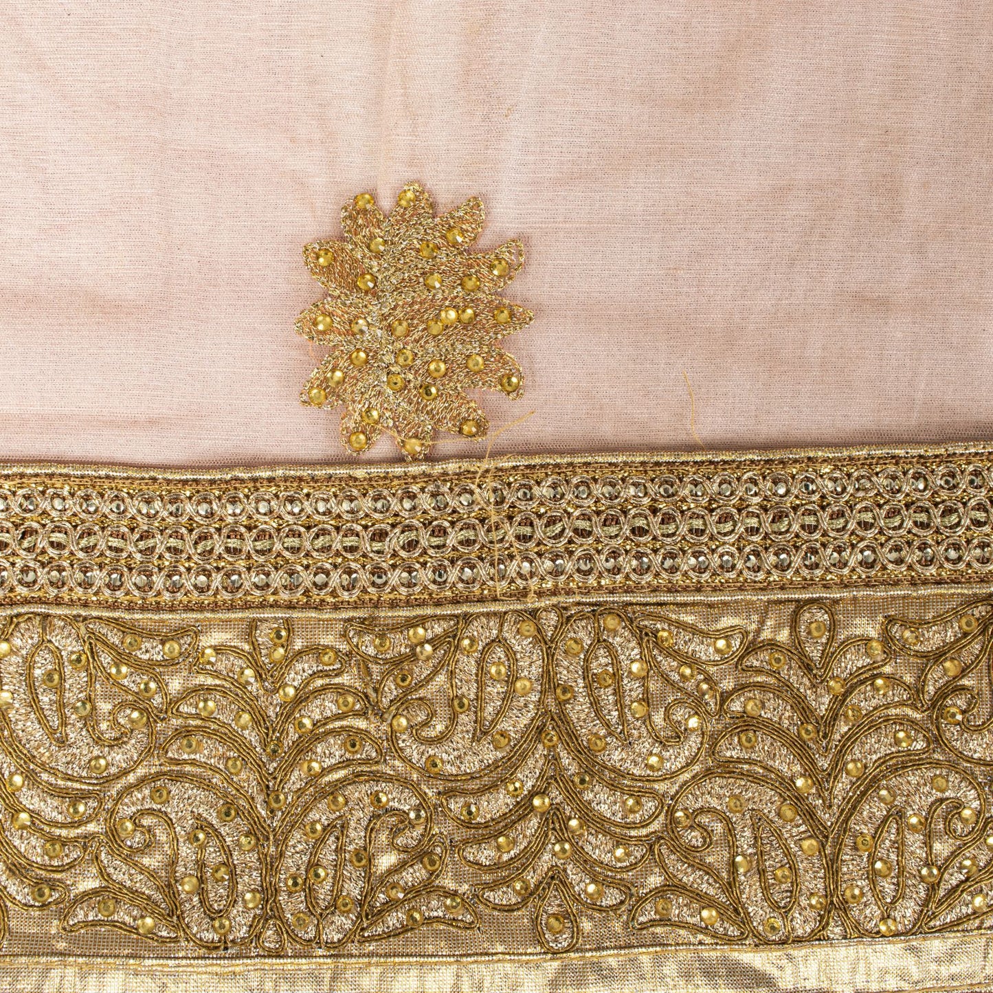 Sanskriti Vintage Peach Net Dupatta Stole Embroidered Patch Stone Neck Head Veil