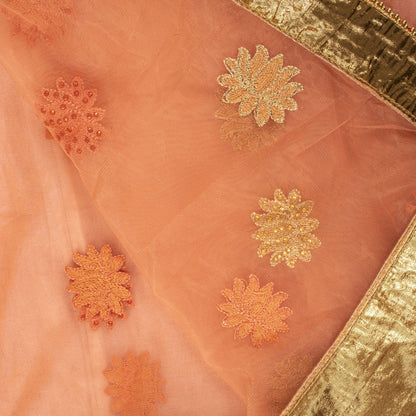 Sanskriti Vintage Peach Net Dupatta Stole Embroidered Patch Stone Neck Head Veil